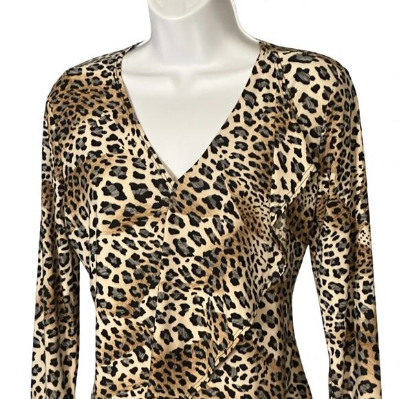Clara Sunwoo Ruffle Front V Neck Blouse Small Long Sleeve Brown Animal Print Top - Picture 2 of 7